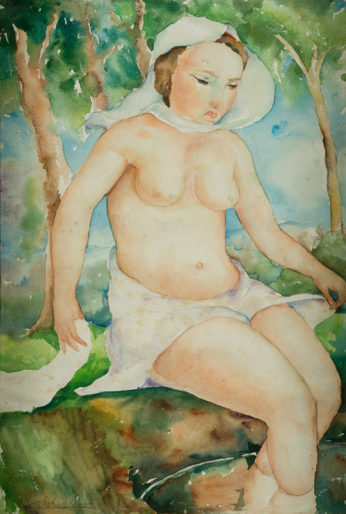 MARTIN ECHEGARAY , "Mujer remojándose los pies", Acuarela s