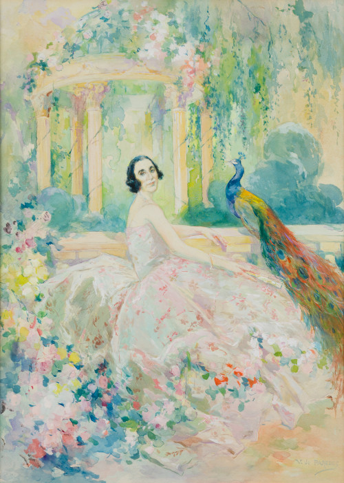 VICENTE DE PAREDES, "Dama con pavo real en un jardín", Goua
