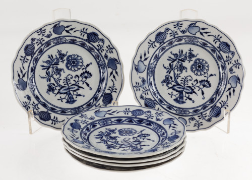 Seis platos de porcelana de Meissen Blue Onion, Alemania, S