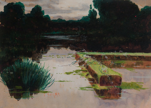 ENRIQUE SERRA Y AUQUE, "Lagunas pontinas", Gouache sobre pa