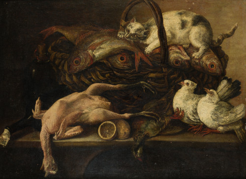 MARIANO NANI, "Naturaleza muerta con aves y gato sobre cest
