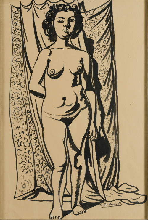 RAFAEL ZABALETA, "Desnudo femenino", Gouache sobre
