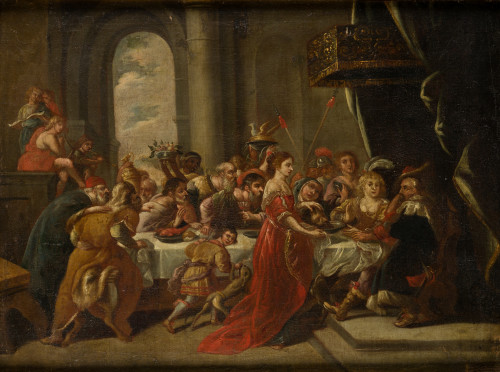 ESCUELA FLAMENCA, "El banquete de Herodes", Óleo sobre lien