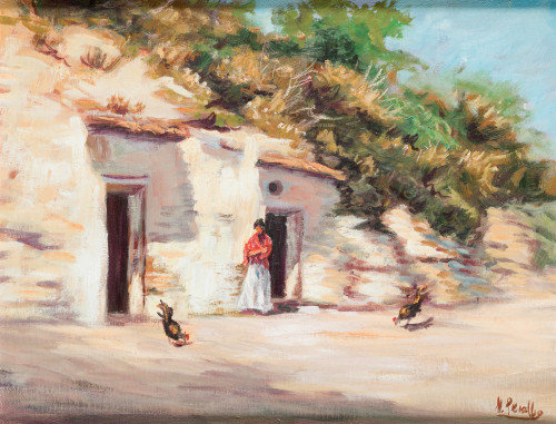 ESCUELA ESPAÑOLA, "Mujer dando de comer a las gallinas", Ó