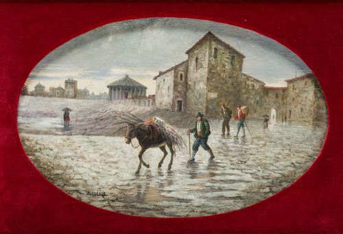 ESCUELA ESPAÑOLA, "Paisajes rurales", Pareja de óleos sobre