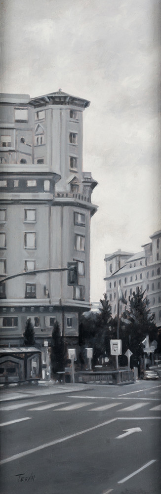 MANUEL  TERÁN, "Vista urbana", Óleo obre tabla (grisalla)