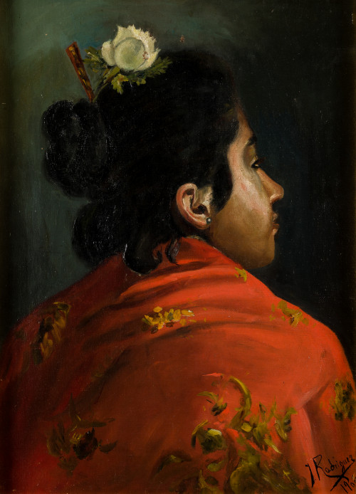 ESCUELA ESPAÑOLA, "Gitana con mantón", 1908, Óleo sobre lie