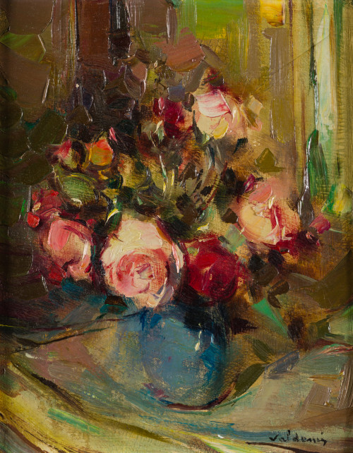 ALVE VALDEMI DEL MARE, "Jarrón con rosas", Óleo sobre cartó
