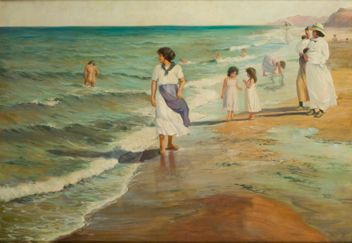ESCUELA VALENCIANA , "Escena de playa con personajes", Óleo
