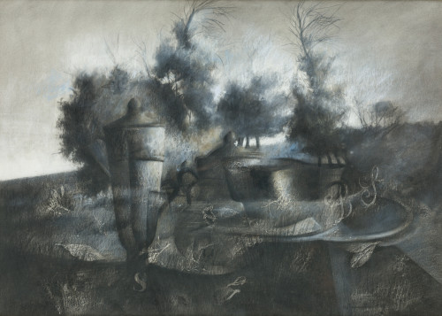 ROLANDO  CAMPOS, "Bodegón en paisaje", 1978, Técnica mixta