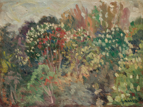 JOSÉ GAUSACHS, "Jardín", Óleo sobre cartón