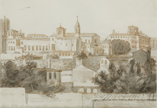 ESCUELA ITALIANA, "Vista de Roma", 1830, Pluma y aguada sob