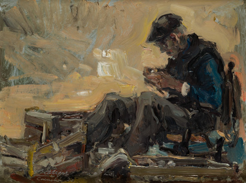 AGUSTÍN ALEGRE, "Pelando ajos", 1970, Óleo sobre tablex