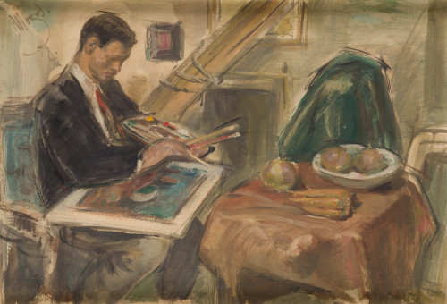PEDRO MOZOS MARTÍNEZ, "Pintor y bodegón", 1952, Acuarela so