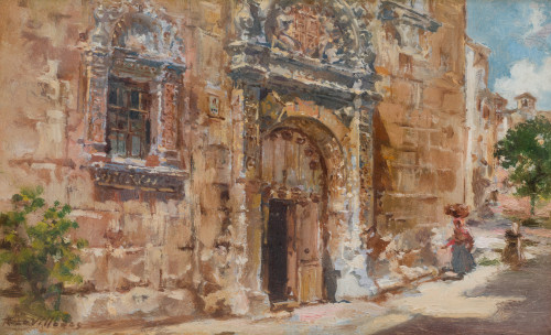 RICARDO VILLODAS Y DE LA TORRE, "Fachada", Óleo sobre tabla