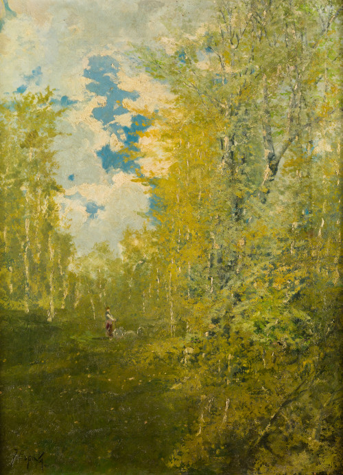 JUAN ESPINA Y CAPO, "Paisaje boscoso con pastor", Óleo sobr