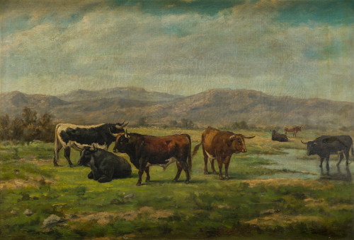 LUIS JULIÁ Y CARRERE, "Toros en el campo", Óleo sobre lienzo