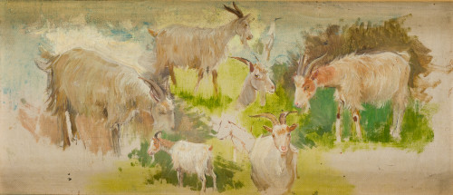 MARIANO BARBASÁN LAGUERUELA, "Cabras", Óleo sobre tabla.
