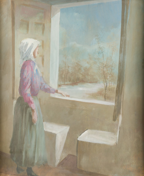 EDUARDO VICENTE, "Mujer en la ventana", Gouache sobre papel