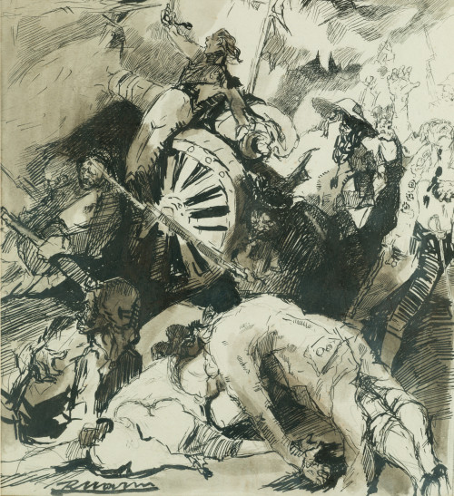 RICARDO  MARÍN Y LLOVET, "Escena de guerra", Tinta y aguada