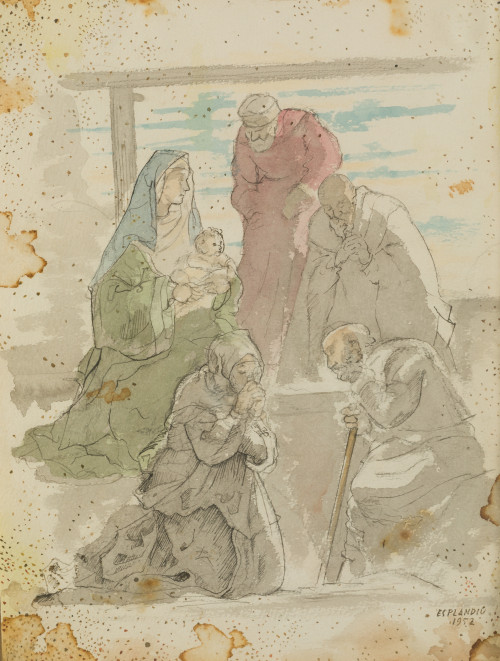 JUAN  ESPLANDIU, "Adoración", 1952, Acuarela y grafito sobr