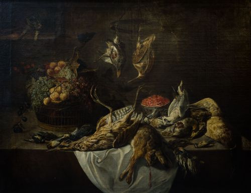 ESCUELA FLAMENCA, "Bodegón de cocina con caza y frutas", Ól