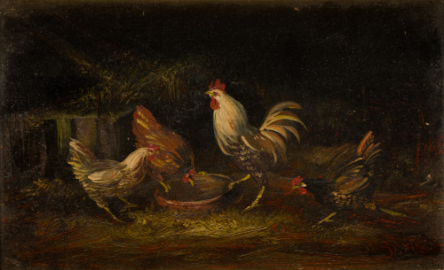 ESCUELA ESPAÑOLA, "Corral con gallinas", Óleo sobre tabla.