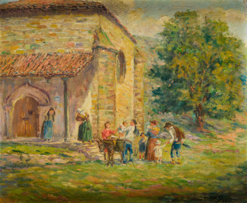 JUAN ARECHALDE "JOALDE", "Campesinos junto a iglesia", 1941