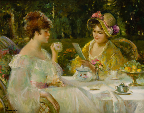 JOSÉ PUYET, "Desayuno en el jardín", Óleo sobre lienzo