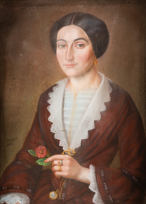 ESCUELA ESPAÑOLA, "Retrato de dama", 1856, Pastel.