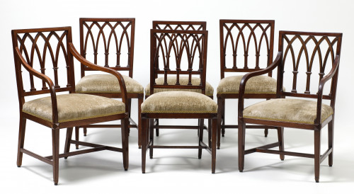 Cuatro sillas y dos butacas de estilo Sheranton, med. S.XX