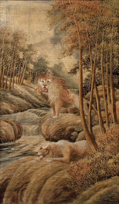Bordado representando leones en un paisaje, China, S.XX