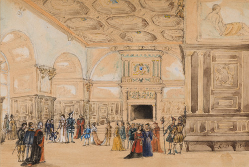ESCUELA ITALIANA, "Escena palaciega", 1893, Acuarela y lápi