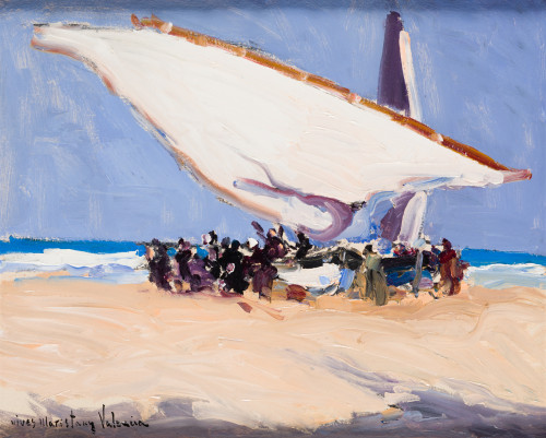 VIVES  MARISTANY, "Playa de Valencia", Óleo sobre cartón