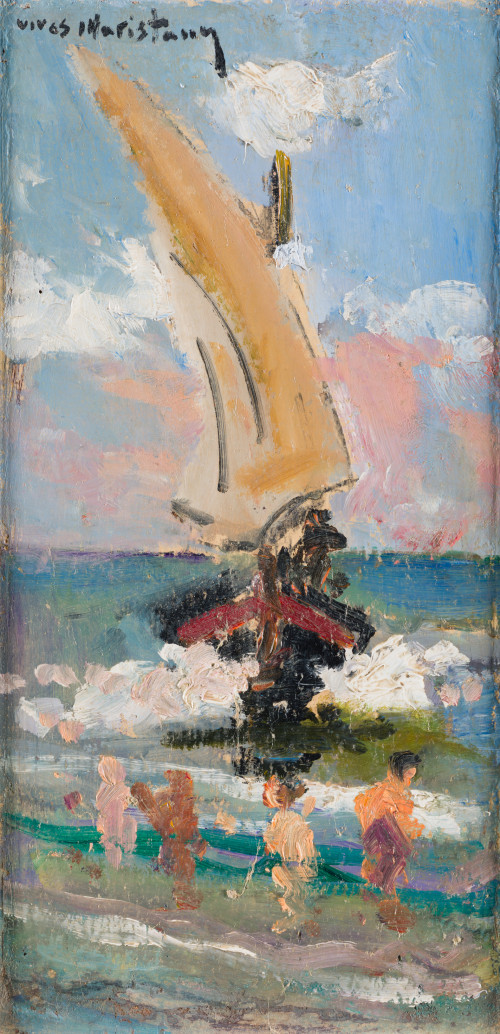 VIVES  MARISTANY, "Velero y niños jugando en la orilla", Ól