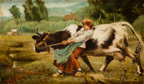 ESCUELA ESPAÑOLA, "Muchacha y vaca", 1903, Óleo sobre lienz