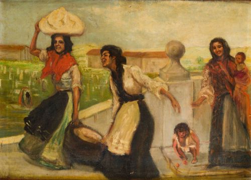 ESCUELA ESPAÑOLA, "Las lavanderas", Óleo sobre lienzo