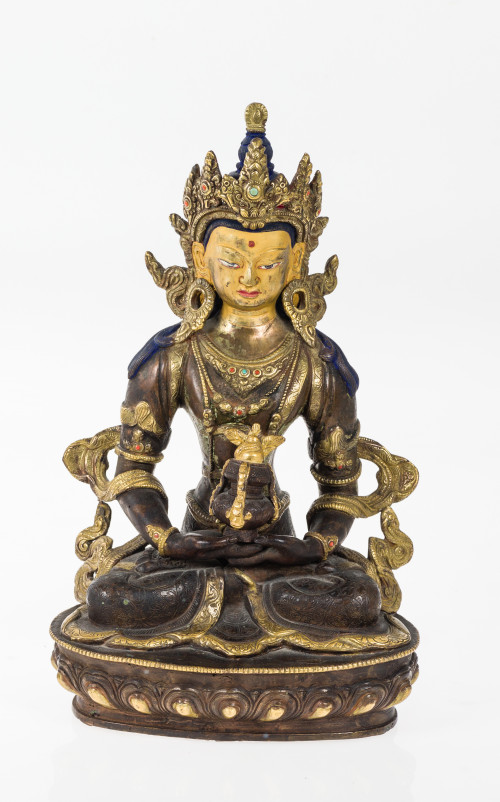 "Buddha Amitayus". Figura realizada en bronce dorado y pat