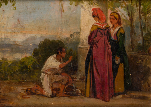 ESCUELA ESPAÑOLA, "Escena con damas italianas y personaje a