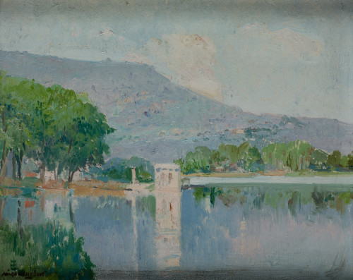 ARMANDO MIRAVALLS BOVE, "Lago de Bañolas", Óleo sobre táblex