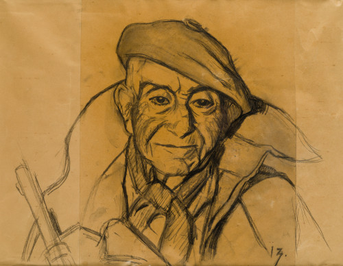 IGNACIO ZULOAGA, "Cazador", Carboncillo sobre papel (tres p