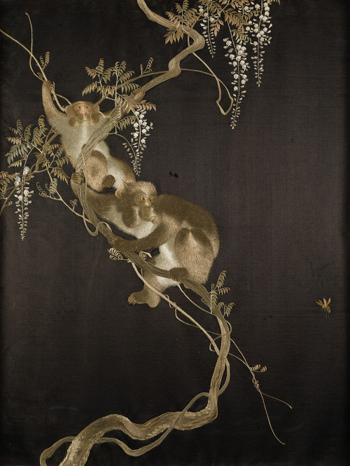 Seda bordada representando monos en una rama, China, S.XX