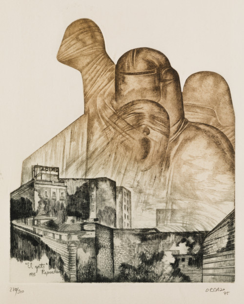 ANGEL ORCAJO, "El grito, represión", 1975, Grabado