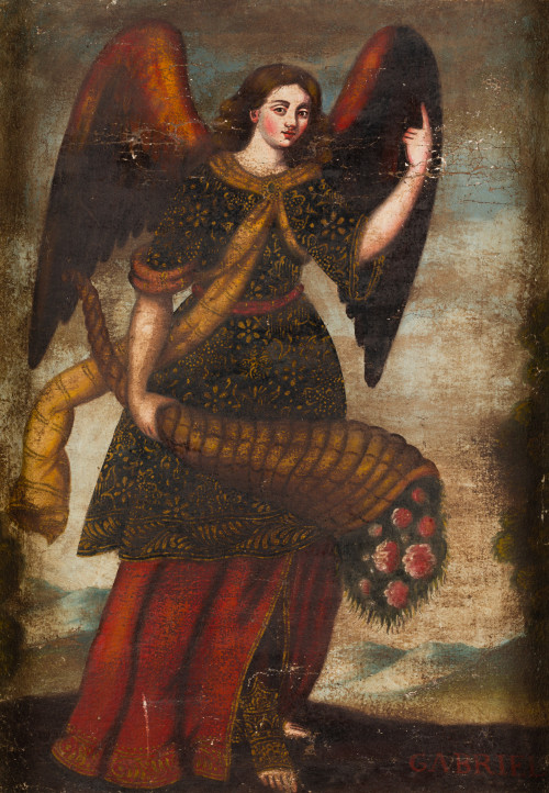 ESCUELA QUITEÑA, "San Gabriel", Óleo sobe lienzo pegado a t