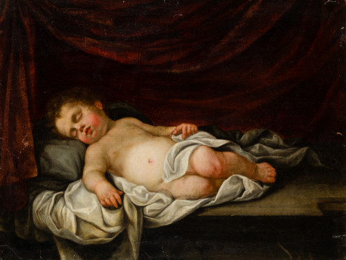 ESCUELA SEVILLANA, "Niño Jesús dormido", Óleo sobre lienzo.