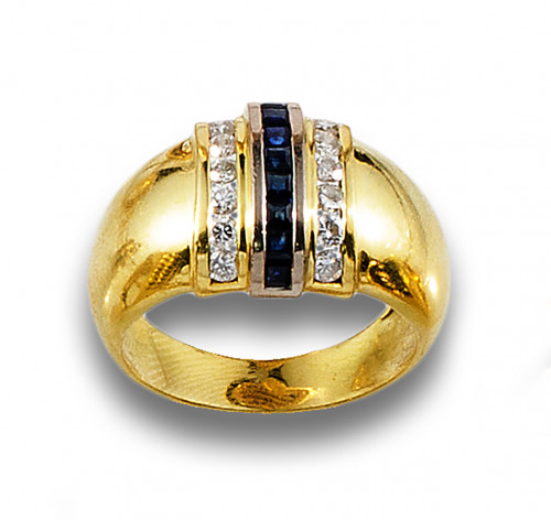 SORTIJA BOMBE ANOS 80 DE ZAFIROS DIAMANTES EN ORO AMARILLO