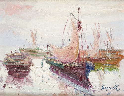  ESCUELA ESPAÑOLA, "Barcos varados", Óleo sobre lienzo