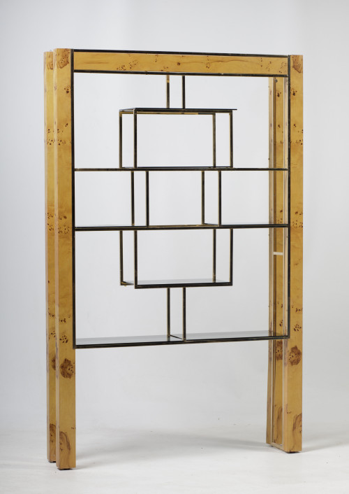 Estantería de latón dorado y chapada en madera de raíz de a