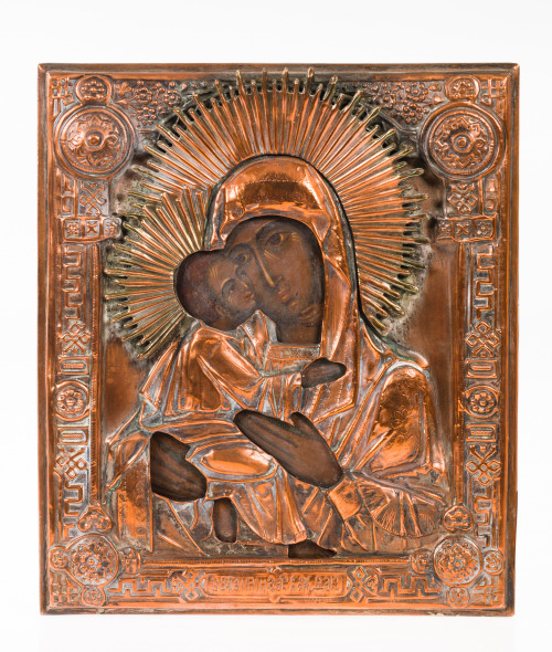  ESCUELA RUSA, "Virgen con el Niño", Temple sobre tabla.