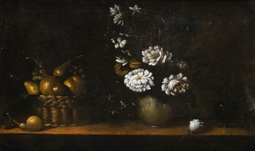 PEDRO DE CAMPROBÍN, "Bodegón con cesta de frutas y jarrón c